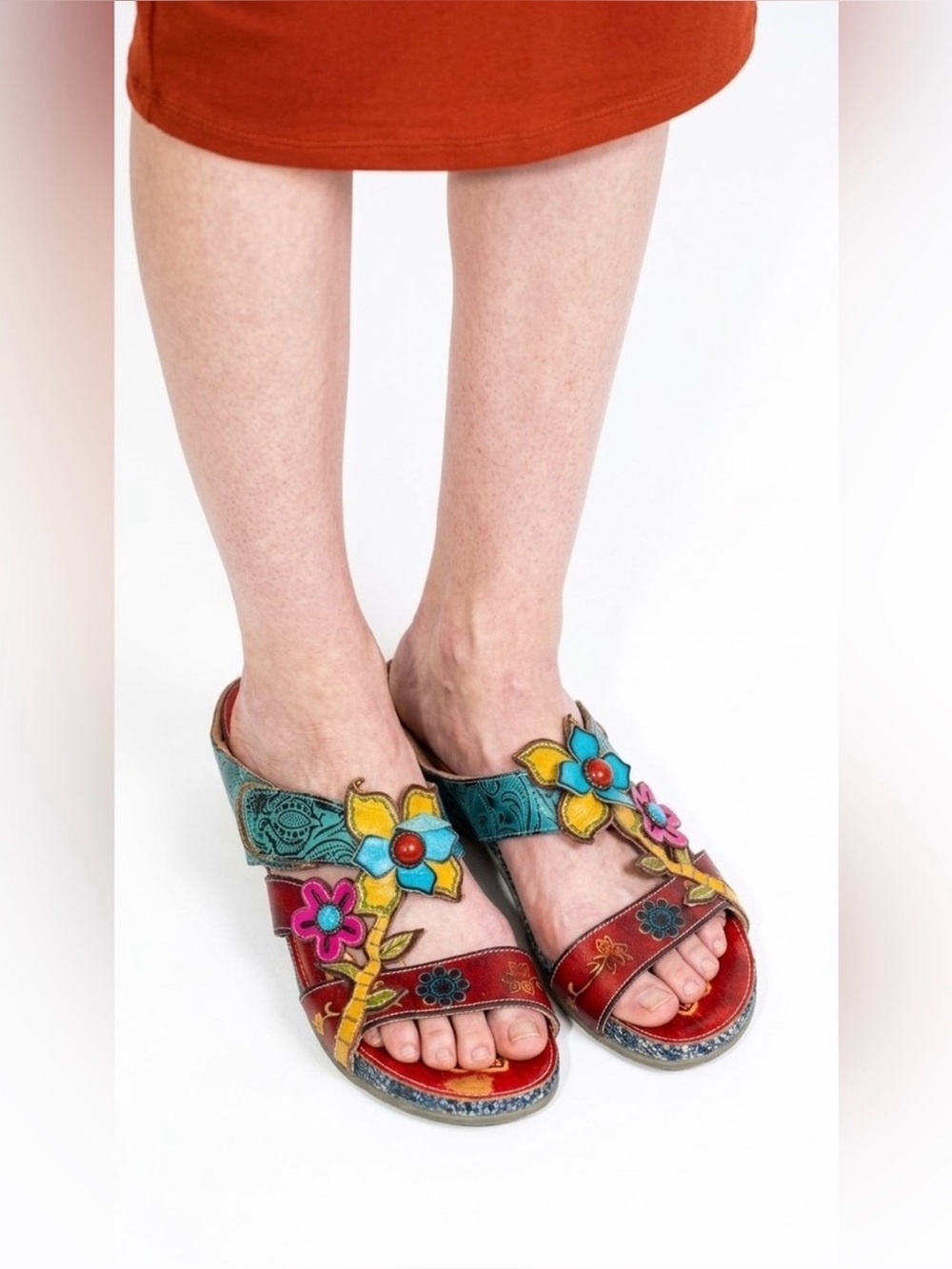 SOCOFY Red Floral Leather Sandals Women's Size 42